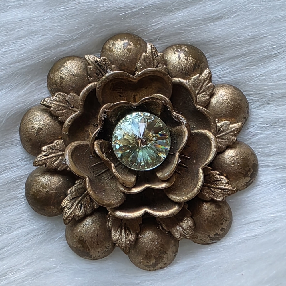 Vintage Gold Floral Brooch with Crystal Center